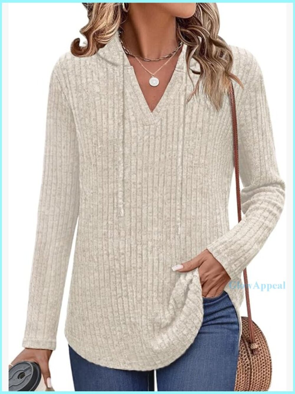 Long Sleeve V-Neck Hoodie Pullover Ribbed Knit Sweater Loose Fit